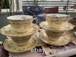Coalport Sandringham Pink Rose Gold Filigree Scalloped Edge 4 Tea Cups & Saucers