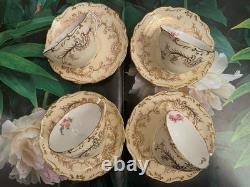 Coalport Sandringham Pink Rose Gold Filigree Scalloped Edge 4 Tea Cups & Saucers