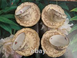 Coalport Sandringham Pink Rose Gold Filigree Scalloped Edge 4 Tea Cups & Saucers