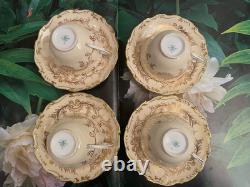 Coalport Sandringham Pink Rose Gold Filigree Scalloped Edge 4 Tea Cups & Saucers