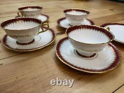 Coalport Y3691 Tea Set. 4 X Cups, 4 X Saucers And One Plate. Burgundy And Gold