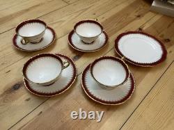 Coalport Y3691 Tea Set. 4 X Cups, 4 X Saucers And One Plate. Burgundy And Gold