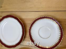 Coalport Y3691 Tea Set. 4 X Cups, 4 X Saucers And One Plate. Burgundy And Gold