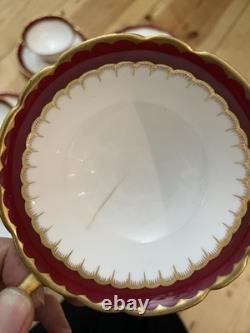 Coalport Y3691 Tea Set. 4 X Cups, 4 X Saucers And One Plate. Burgundy And Gold