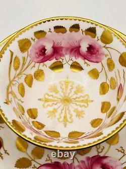 Copelands England Cabbage Roses Gold Double Handled Soup Tea Cup & Saucer 1800s