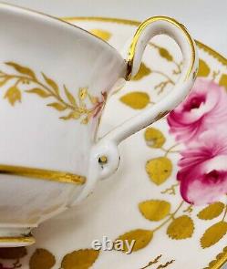 Copelands England Cabbage Roses Gold Double Handled Soup Tea Cup & Saucer 1800s