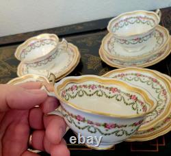 Crescent George Jones Cup & Saucer Trio 4 Set 12 Pcs Gold Gilt Rose Floral Swags