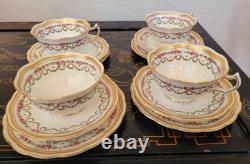 Crescent George Jones Cup & Saucer Trio 4 Set 12 Pcs Gold Gilt Rose Floral Swags