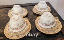 Crescent George Jones Cup & Saucer Trio 4 Set 12 Pcs Gold Gilt Rose Floral Swags
