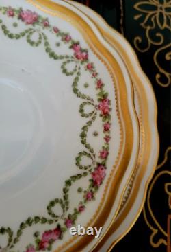 Crescent George Jones Cup & Saucer Trio 4 Set 12 Pcs Gold Gilt Rose Floral Swags