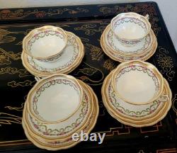 Crescent George Jones Cup & Saucer Trio 4 Set 12 Pcs Gold Gilt Rose Floral Swags
