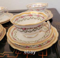 Crescent George Jones Cup & Saucer Trio 4 Set 12 Pcs Gold Gilt Rose Floral Swags