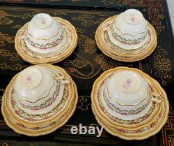 Crescent George Jones Cup & Saucer Trio 4 Set 12 Pcs Gold Gilt Rose Floral Swags
