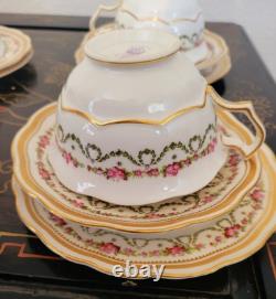 Crescent George Jones Cup & Saucer Trio 4 Set 12 Pcs Gold Gilt Rose Floral Swags