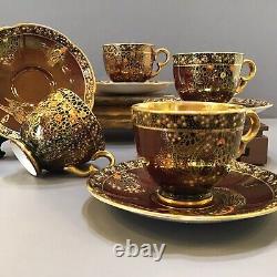 Crown Devon Red Rouge Lustre Ware Jeweled Peacock Cup & Saucer Deco Gilt Gold