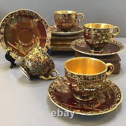 Crown Devon Red Rouge Lustre Ware Jeweled Peacock Cup & Saucer Deco Gilt Gold