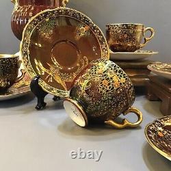 Crown Devon Red Rouge Lustre Ware Jeweled Peacock Cup & Saucer Deco Gilt Gold