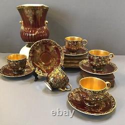 Crown Devon Red Rouge Lustre Ware Jeweled Peacock Cup & Saucer Deco Gilt Gold