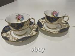 Crown Staffordshire Cobalt Blue Gilded Pattern 2 x Cup & Saucers Midcentury
