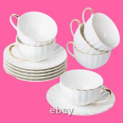 Cups and Saucers Set of 6 (7oz) with Gold Trim, Porcelain Tea and Coffee Cups