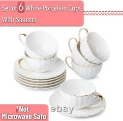 Cups and Saucers Set of 6 (7oz) with Gold Trim, Porcelain Tea and Coffee Cups