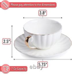 Cups and Saucers Set of 6 (7oz) with Gold Trim, Porcelain Tea and Coffee Cups