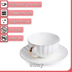 Cups and Saucers Set of 6 (7oz) with Gold Trim, Porcelain Tea and Coffee Cups