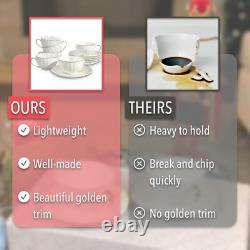 Cups and Saucers Set of 6 (7oz) with Gold Trim, Porcelain Tea and Coffee Cups