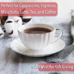 Cups and Saucers Set of 6 (7oz) with Gold Trim, Porcelain Tea and Coffee Cups