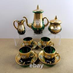 Czech Bohemian Art Glass Tea Pot Cups Saucers Cream Sugar Set Green Gold Flowers