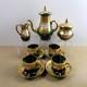 Czech Bohemian Art Glass Tea Pot Cups Saucers Cream Sugar Set Green Gold Flowers