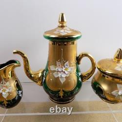 Czech Bohemian Art Glass Tea Pot Cups Saucers Cream Sugar Set Green Gold Flowers