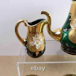 Czech Bohemian Art Glass Tea Pot Cups Saucers Cream Sugar Set Green Gold Flowers