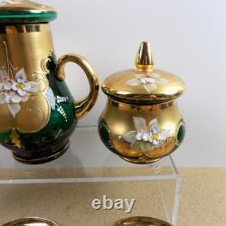 Czech Bohemian Art Glass Tea Pot Cups Saucers Cream Sugar Set Green Gold Flowers