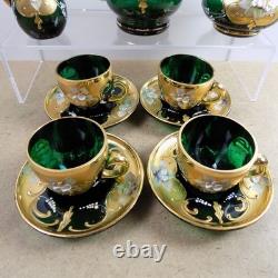 Czech Bohemian Art Glass Tea Pot Cups Saucers Cream Sugar Set Green Gold Flowers