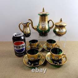 Czech Bohemian Art Glass Tea Pot Cups Saucers Cream Sugar Set Green Gold Flowers