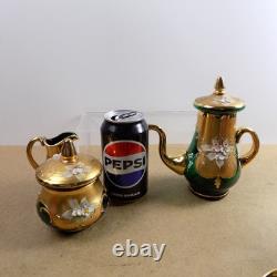 Czech Bohemian Art Glass Tea Pot Cups Saucers Cream Sugar Set Green Gold Flowers