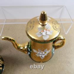 Czech Bohemian Art Glass Tea Pot Cups Saucers Cream Sugar Set Green Gold Flowers