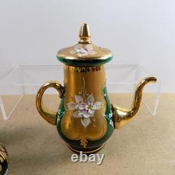 Czech Bohemian Art Glass Tea Pot Cups Saucers Cream Sugar Set Green Gold Flowers