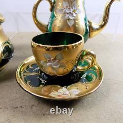 Czech Bohemian Art Glass Tea Pot Cups Saucers Cream Sugar Set Green Gold Flowers