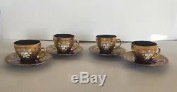 Czech Bohemian Cobalt Blue Glass 4 Demi Cups & Saucers Heavy Gold Enamel Flowers