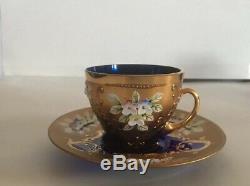 Czech Bohemian Cobalt Blue Glass 4 Demi Cups & Saucers Heavy Gold Enamel Flowers