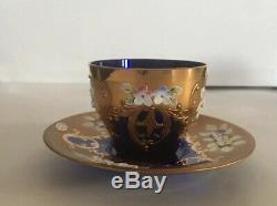 Czech Bohemian Cobalt Blue Glass 4 Demi Cups & Saucers Heavy Gold Enamel Flowers