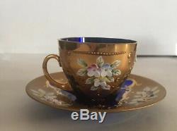 Czech Bohemian Cobalt Blue Glass 4 Demi Cups & Saucers Heavy Gold Enamel Flowers