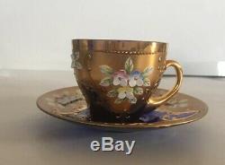 Czech Bohemian Cobalt Blue Glass 4 Demi Cups & Saucers Heavy Gold Enamel Flowers