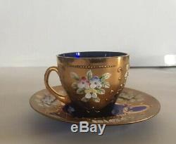 Czech Bohemian Cobalt Blue Glass 4 Demi Cups & Saucers Heavy Gold Enamel Flowers