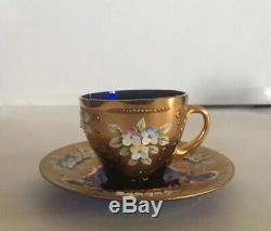 Czech Bohemian Cobalt Blue Glass 4 Demi Cups & Saucers Heavy Gold Enamel Flowers