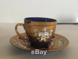 Czech Bohemian Cobalt Blue Glass 4 Demi Cups & Saucers Heavy Gold Enamel Flowers