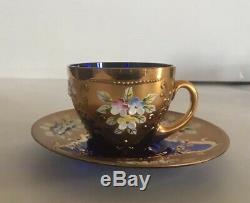 Czech Bohemian Cobalt Blue Glass 4 Demi Cups & Saucers Heavy Gold Enamel Flowers