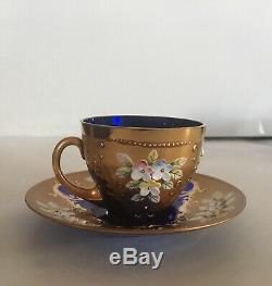 Czech Bohemian Cobalt Blue Glass 4 Demi Cups & Saucers Heavy Gold Enamel Flowers